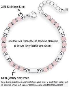 Detail view of 4mm pink zebra jasper beads with 316L stainless steel beads on the bracelet