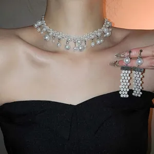 French Vintage Necklace Earrings 925 Sterling Silver Earring Post Rhinestone Tassel Imitation Artificial Pearl Elegant Jewelry Women