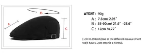 Detailed size chart for retro herringbone flat cap with adjustable measurements