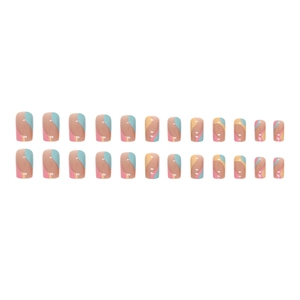 Medium square press-on nails with nude base and colorful wavy patterns 24-piece set
