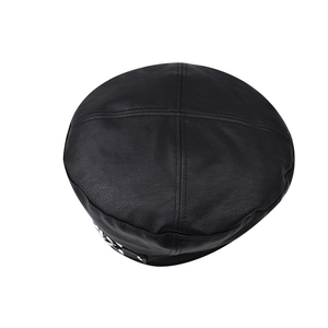 Black PU leather beret with silver chain detail and stylish lychee grain texture