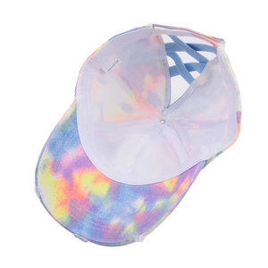Tie-dye cotton baseball cap with ponytail cross-back design and vibrant multi-color pattern