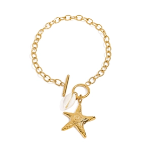 18K gold stainless steel bracelet featuring shell and starfish charms with a T-bar toggle