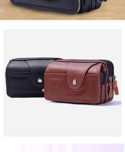 Macro detail of black and brown PU leather men's belt pouches with zipper closure