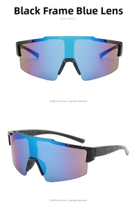 Detail of outdoor cycling glasses featuring black frames with blue lenses and dot patterns