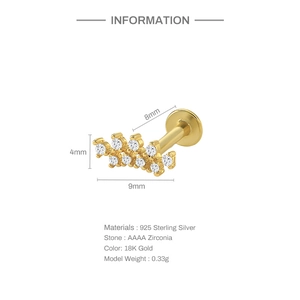 Detailed view of leaf-shaped S925 sterling silver earring with dimensions and zircon specs