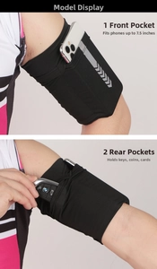 Front and back detail of elastic sports armband with reflective strip and three pockets