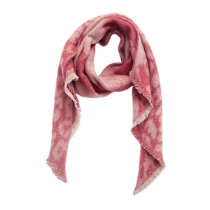 Close-up of pink and red leopard pattern scarf with soft fringed edges and wool texture