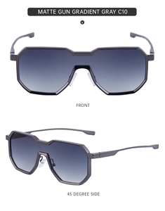 Front and side view of matte gunmetal geometric one-piece large frame sunglasses