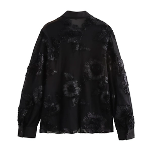 Elegant black long sleeve shirt for women with detailed 3D floral embroidery and V-neckline