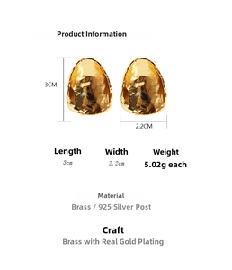 Size guide showing 3cm brass textured gold plated oval earrings with 925 silver needles
