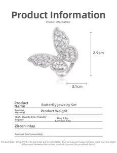 Detailed size specifications for butterfly ring and earring set with zircon inlays