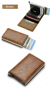 Detail view of coffee leather RFID wallet showing automatic card pop-up mechanism