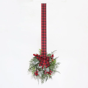 Mini Christmas wreath with eucalyptus leaves, red berries, and red plaid hanging ribbon