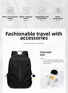 Multi-compartment waterproof black backpack featuring a cute astronaut plush pendant charm
