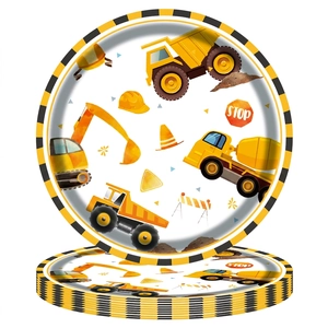 Construction vehicle disposable paper plate set for kids birthday party with excavator design