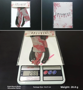Detail of 8-piece Halloween bloody knife banner showing packaging and 28.8g weight on scale