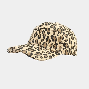 Detail of the leopard print texture on a classic curved brim baseball sun hat