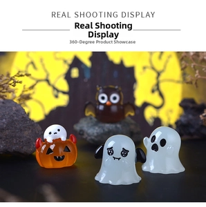 Detailed view of luminous Halloween miniature resin ghost and owl figurines set