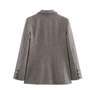 Back view of a vintage houndstooth blazer with brown and grey plaid weave patterns