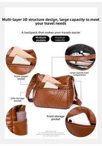 Detailed view of brown washed PU leather crossbody bag with multi-layer storage compartments