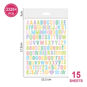 Detailed size specifications for waterproof alphabet and number sticker sheets in colors