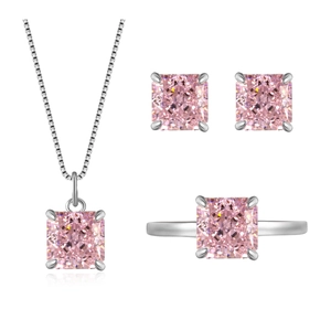 Luxury 925 silver jewelry set with pink square high-carbon diamonds including necklace and earrings