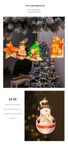 Close-up of LED Christmas ornaments showing snowman and star shapes on a snowy tree