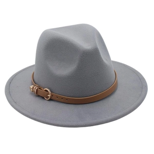 Close-up of grey wool fedora hat with brown leather belt and golden metal buckle detail