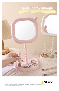 Creamy pearl makeup mirror with jewelry storage base and stable desktop stand