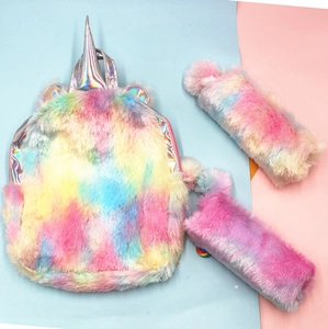 Rainbow plush unicorn backpack set with matching pencil cases and fluffy ball charm