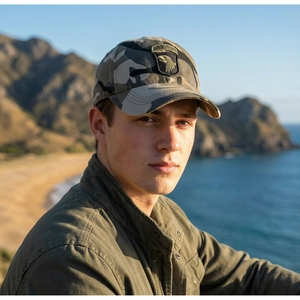 Detail of camouflage baseball cap with Airborne eagle embroidery in outdoor setting