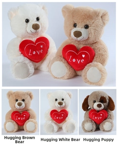 Detail shots of plush teddy bears and a dog holding red hearts with Love embroidery