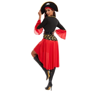 Women's 5-piece pirate costume featuring black top, red skirt, waist belt and pirate hat
