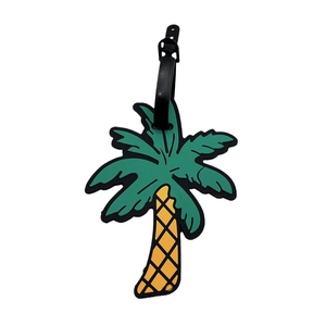 Cartoon coconut tree PVC luggage tag with adjustable black strap and vibrant green leaves