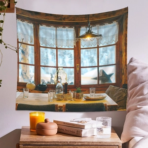 Detailed view of cozy Nordic winter scene tapestry hanging on a minimalist bedroom wall