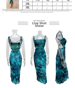 Detailed views of turquoise floral backless midi dress with side slit and sizing chart