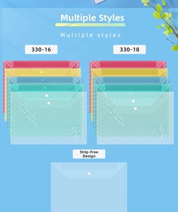 Flat lay of colorful A4 transparent document folders with snap buttons and striped details