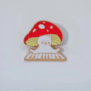 Cute white cat with mushroom hat playing piano keys, enamel animal badge brooch jewelry