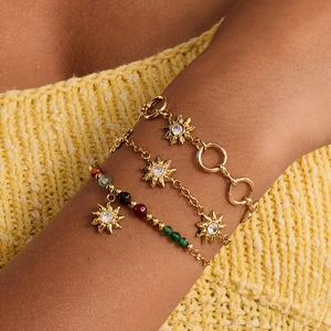 Classic 18K gold stainless steel bracelets with sun charms and colorful zircon beads