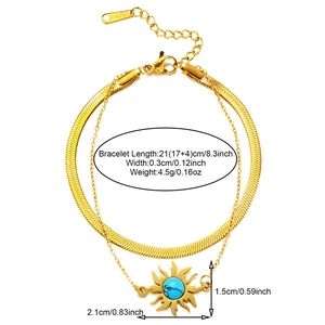 Detailed view of gold double-layer sun pendant bracelet with size and weight specs