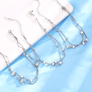 Double-layered S925 silver chain bracelet with pentagram and bead pendants