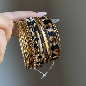 Golden Alloy Rhinestone Leopard Print Leather Stackable Bracelets For Women Bohemian Style Embossed Metal Bangles