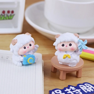 Cute lamb resin figurines for desk and car dashboard decoration in white cartoon style