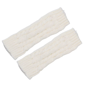 Detailed close-up of cream cable knit texture on soft winter thermal arm warmers