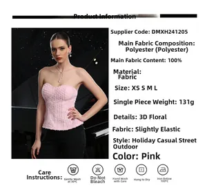 Detailed close-up of 3D floral texture on pink polyester tube top with fabric specs