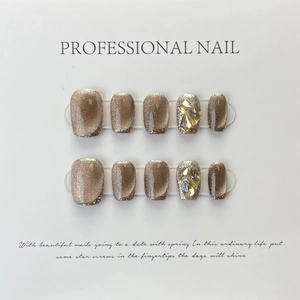 Handmade Cat Eye Press On Nails Crystal Rhinestone Sparkling Champagne Coffee Elegant Luxury Glossy Glue On Fake Nails