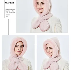 Detail of pink crystal velvet hooded scarf showing soft texture and cozy thermal design