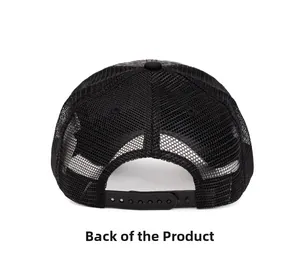 Detail of the black mesh snapback cap rear view with adjustable plastic buckle strap