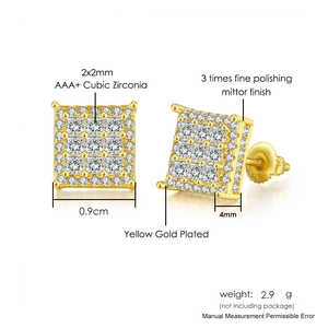 Square hip hop stud earrings with AAA+ cubic zirconia in gold plating and screw back